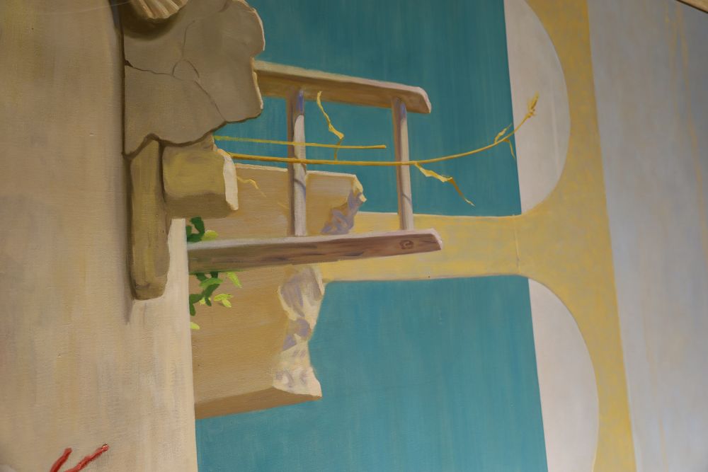 Fourteen large oils on canvas, panels to decorate a stage backdrop or other large interior, approximately 247 x 148cm,unframed